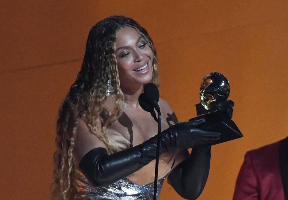 US musician Beyonce accepts the award for Best Dance/Electronic Music Album for "Renaissance." during the 65th Annual Grammy Awards at the Crypto.com Arena in Los Angeles on Feb 5, 2023. (Photo by VALERIE MACON / AFP)
