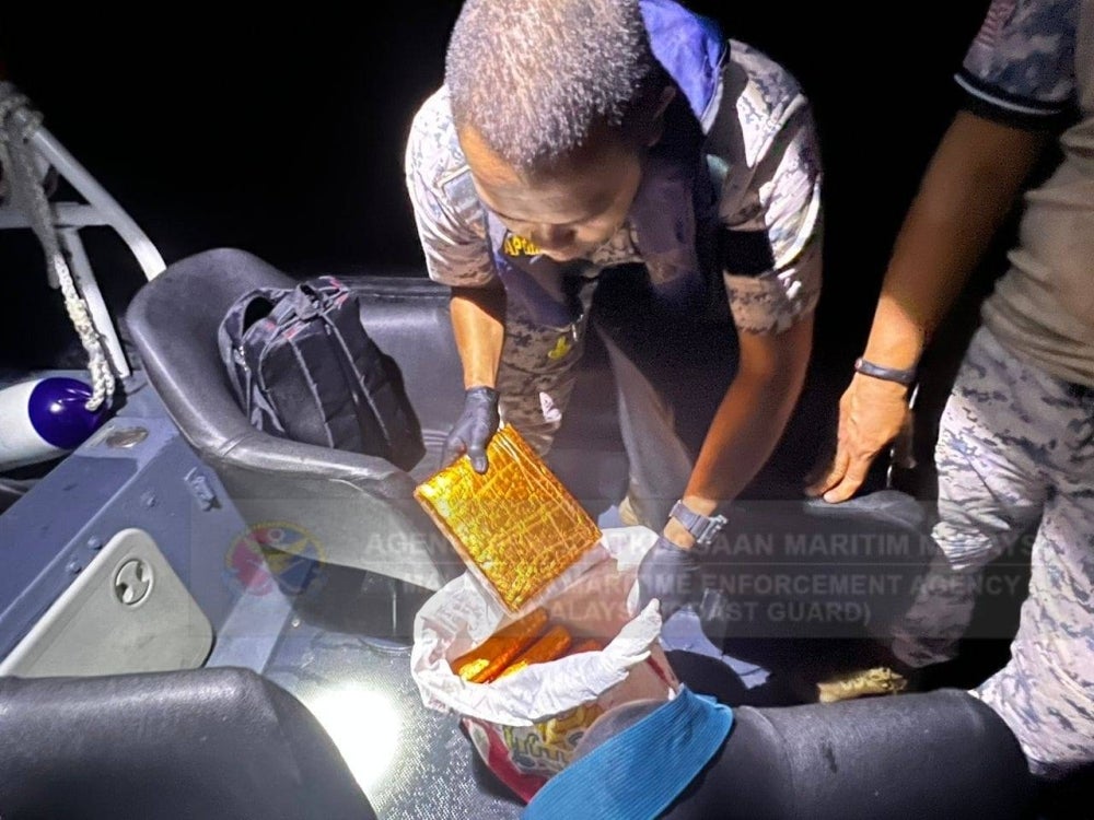 Nine pieces of compressed cannabis placed in gold-coloured plastic weighing nine kilogrames and estimated to be worth RM45,000 seized. Photo from Malaysian Maritime Enforcement Agency's Facebook page.