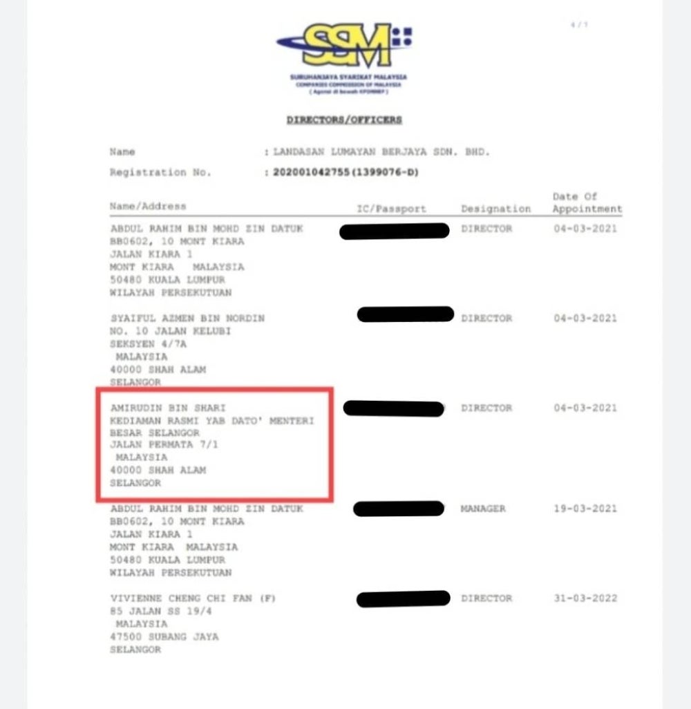 An SSM printout by The Green Party shows Selangor Menteri Besar Datuk Seri Amirudin Shari as a director of Landasan Lumayan Berjaya Sdn Bhd which was awarded an RM700 million project via direct negotiations by the Selangor government headed by Amirudin.