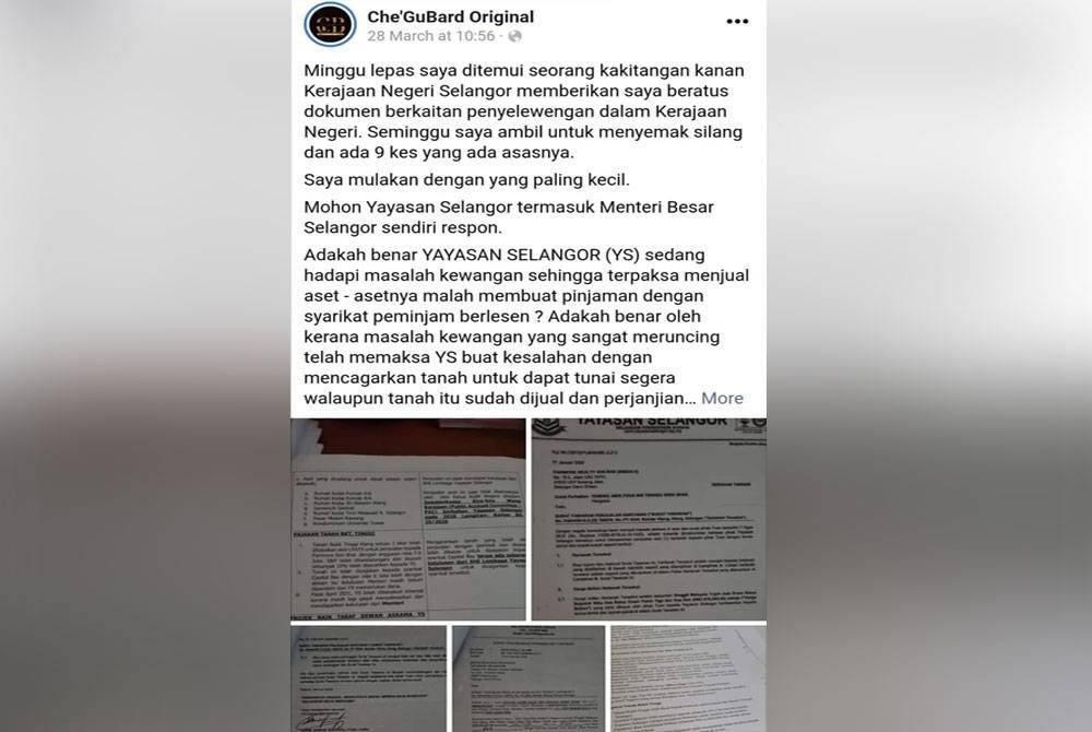 The post with the misappropriation claims involving the sale of Yayasan Selangor land in Bukit Tinggi on Che'guBard Original's Facebook on Tuesday. - FILEPIC