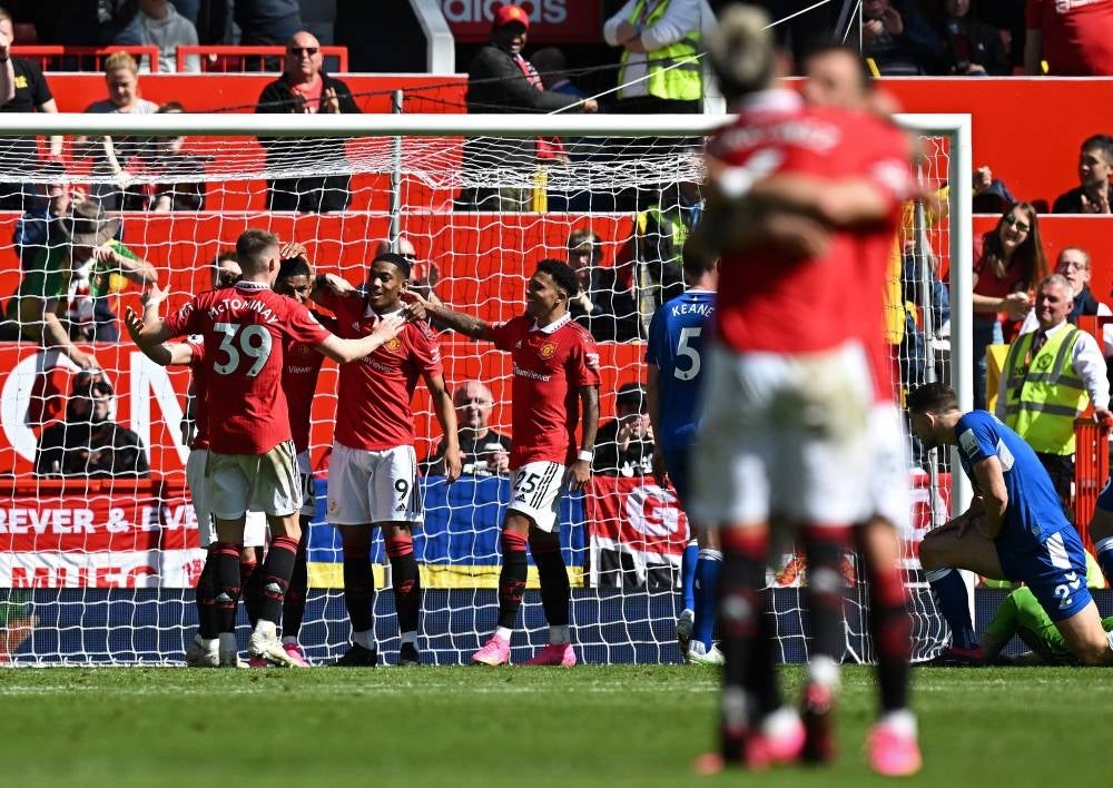 Manchester United's French striker Anthony Martial (3L) celebrates scoring the team's second goal during the English Premier League football match between Manchester United and Everton at Old Trafford in Manchester. - Pic: AFP