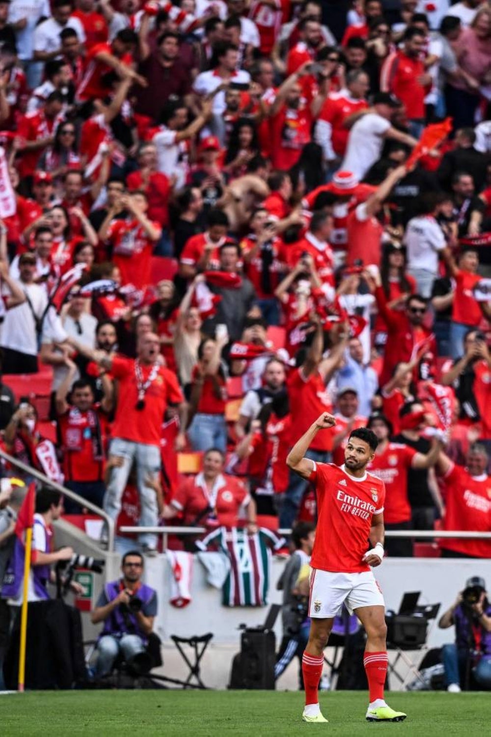 Benfica's Portuguese forward Goncalo Ramos reacts to FC Porto's Portuguese goalkeeper Diogo Costa's own goal during the Portuguese league football match between SL Benfica and FC Porto at the Luz stadium in Lisbon on April 7. Benfica will be counting on mercurial striker Ramos to deliver when the face Italy's Inter Milan over two legs in the Champions League quarter-finals this week. - Pic: AFP