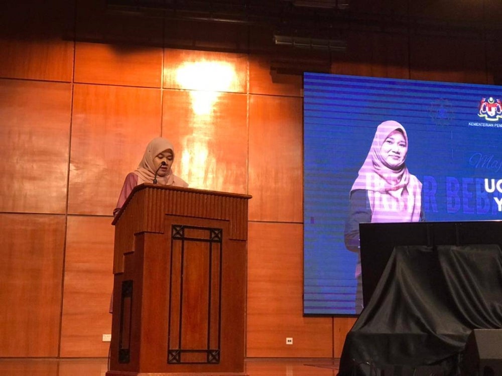 Education Minister Fadlina Sidek during her speech at the 2023 Education Ministry's Free from Corruption Pledge and Integrity Forum, in Putrajaya, today.