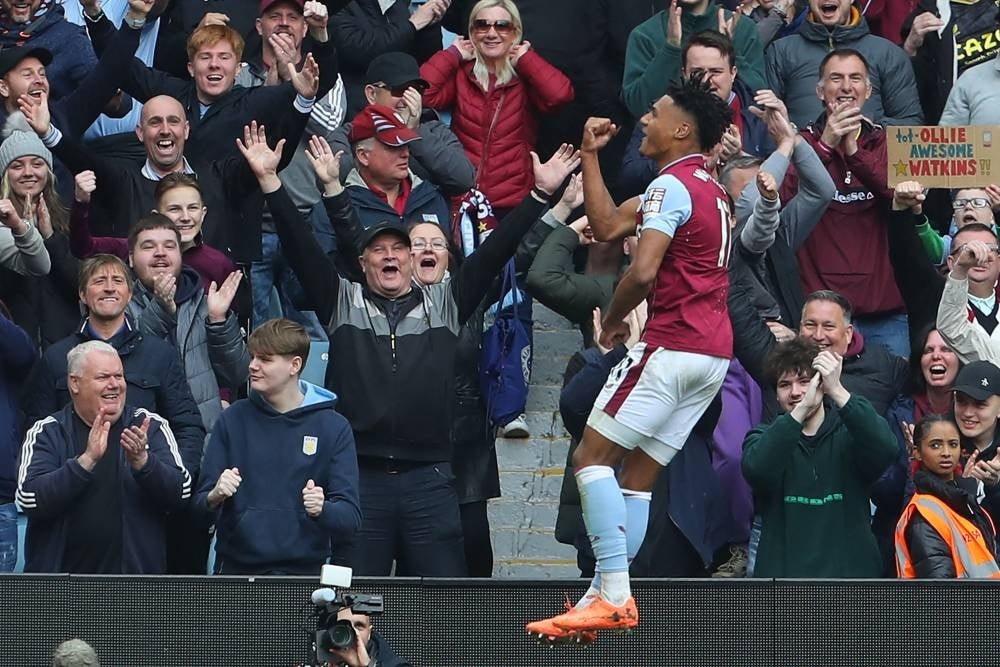 Aston Villa's English striker Ollie Watkins celebrates after scoring their third goal during the English Premier League football match between Aston Villa and Newcastle Utd at Villa Park in Birmingham, central England on April 15. - Pic: AFP