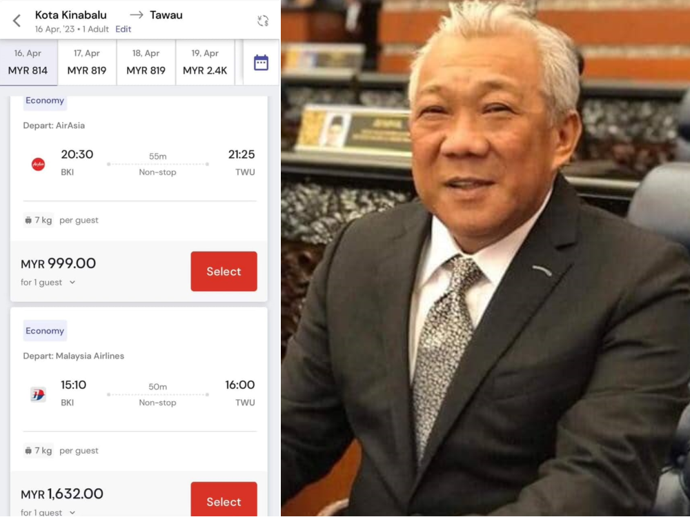 Kinabatangan MP Datuk Seri Bung Moktar Radin shared a screenshot of the fare for Kota Kinabalu to Tawau - Datuk Seri Bung Moktar Radin official Facebook page