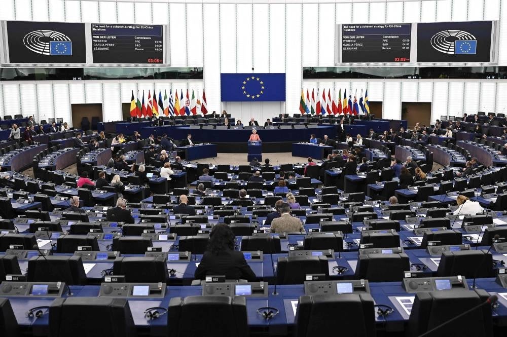 European Commission President Ursula von der Leyen speaks during a debate on the need for a coherent strategy for EU-China relations, as part of a plenary session at the European Parliament in Strasbourg, eastern France, on April 18. The European Parliament also adopted sweeping climate measures on Tuesday aimed at massively cutting EU greenhouse emissions, and including the introduction of a carbon border tax on imports. - Pic: AFP
