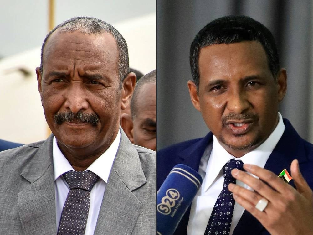 This combination of pictures created on April 18, shows Sudan's army chief, Lieutenant-General Abdel Fattah al-Burhan (L), in Juba on October, 14, 2019 and Mohamed Hamdan Daglo (R), who commands the paramilitary Rapid Support Forces (RSF), addressing the media upon his return from Russia at Khartoum airport on March 2, 2022. - Explosions rocked the Sudanese capital Khartoum on April 18, as fighting that has claimed nearly 200 lives. - Pic: AFP