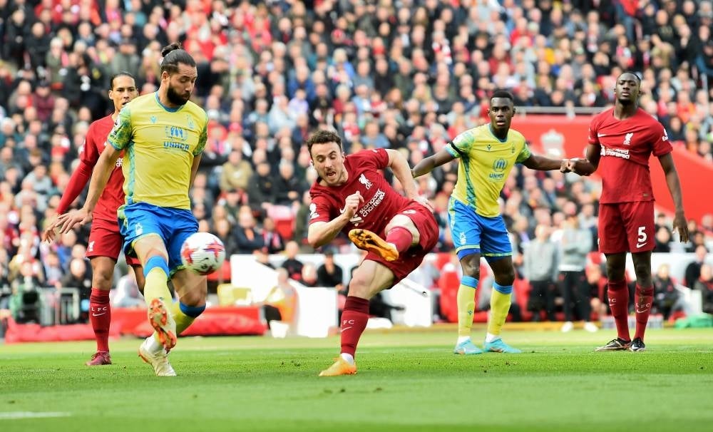 Diogo Jota (C) of Liverpool scores (2-1) during the English Premier League soccer match between Liverpool and Nottingham Forest in Liverpool, April 22. - Pic: EPA