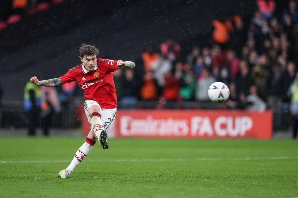 Victor Lindeloef of Manchester United FC in action during the penalty shootout of the FA Cup semi-final match between Brighton and Hove Albion and Manchester United in London, April 23. - Pic: EPA