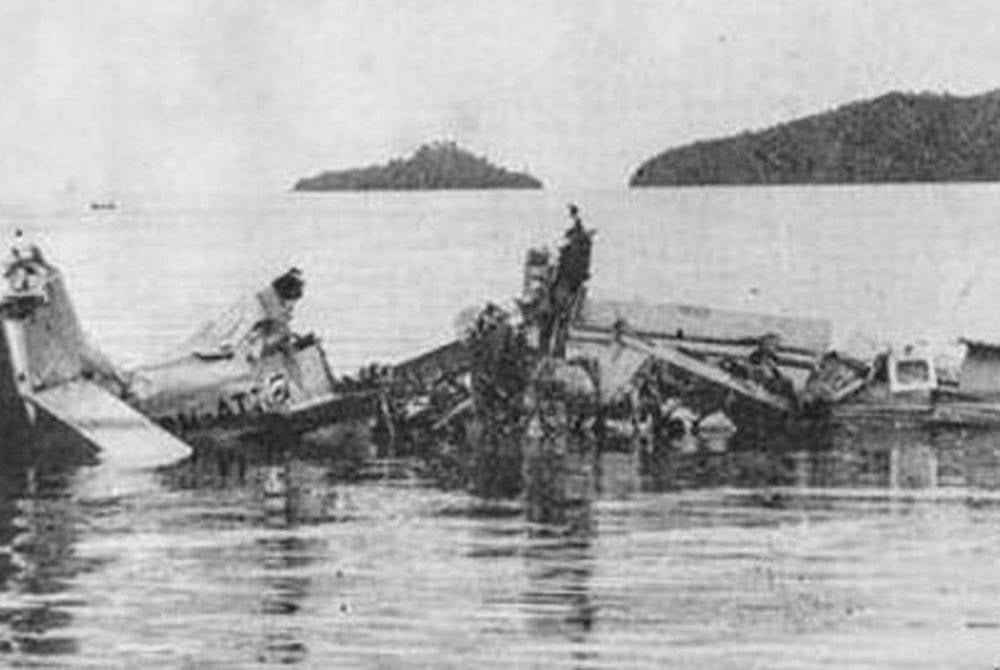 The wreckage of the GAF Nomad plane on June 6, 1976 at Kota Kinabalu, Sabah. - Photo by The Golden Son of The Kadazan/ Bernard Sta Maria