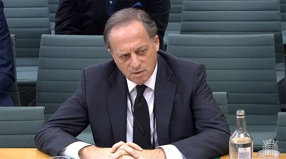 In this file video grab taken from footage broadcast by the UK Parliament's Parliamentary Recording Unit (PRU) on February 7, 2023 shows BBC chairperson Richard Sharp testifying in front of a Digital, Culture, Media and Sport (DCMS) Committee in London - Sharp announced his resignation on April 28, 2023 over involvement in securing a private credit line for up to ｣800,000 ($990,000) for the then-PM Boris Johnson from a Canadian businessman. - Pic: AFP