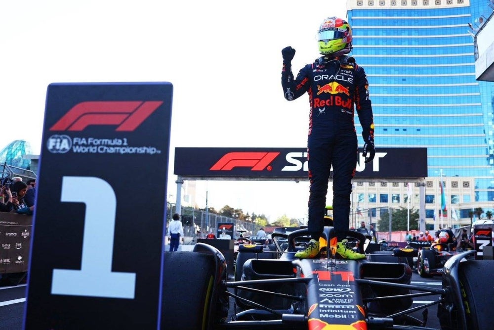 Sergio Perez won Sunday's Azerbaijan Grand Prix with teammate Max Verstappen in second .