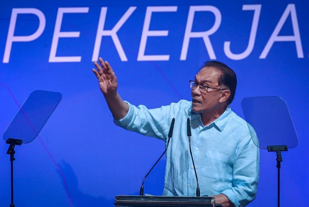 Prime Minister Datuk Seri Anwar Ibrahim giving his speech at the 2023 Labour Day Celebration titled '. Bernama 