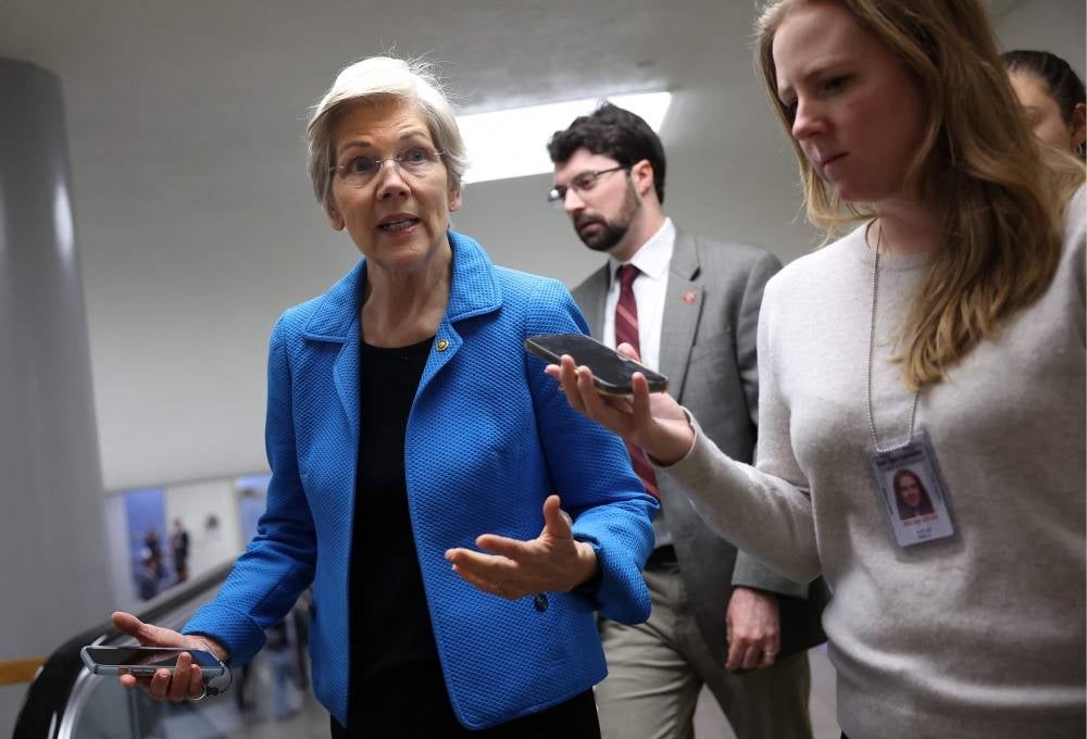 U.S. Sen. Elizabeth Warren (D-MA) talks to reporters at the U.S. Capitol on May 02, 2023 in Washington, DC. - Photo by Kevin Dietsch / GETTY IMAGES NORTH AMERICA / Getty Images via AFP
