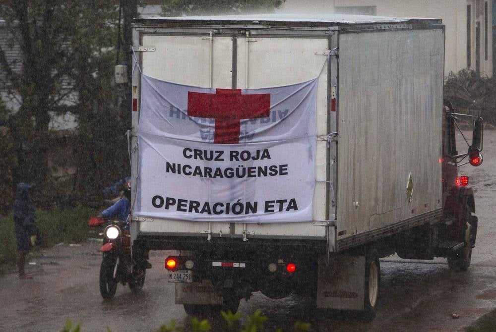 (FILES) A truck of the Nicaraguan Red Cross is seen in Bilwi, Puerto Cabezas, Nicaragua, on November 16, 2020 as Hurricane Iota -- upgraded to Category 5 -- moves over the Caribbean towards the Nicaragua-Honduras border. Nicaragua's parliament on May 10, 2023, dissolved the local branch of the Red Cross, accusing it of taking sides in 2018 anti-government protests (Photo by AFP)