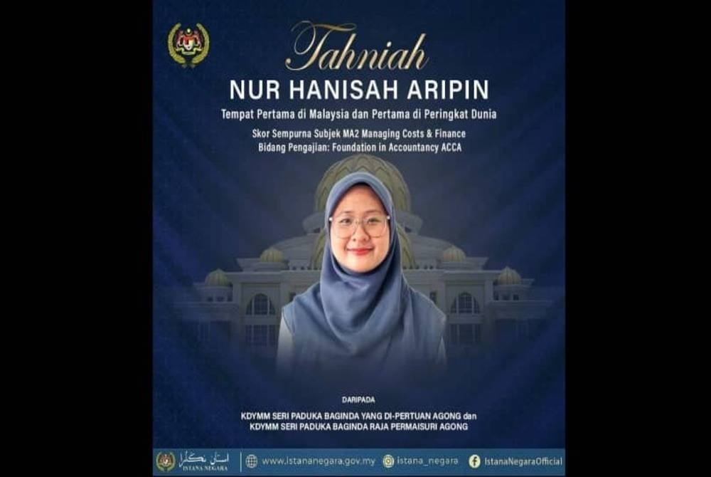 According to a post on Istana Negara Facebook page, Their Majesties expressed joy and pride at the success of the Pahang-born student who ranked number one in Malaysia and the world for the subject, thus placing the state and country’s name on the world stage. - Facebook