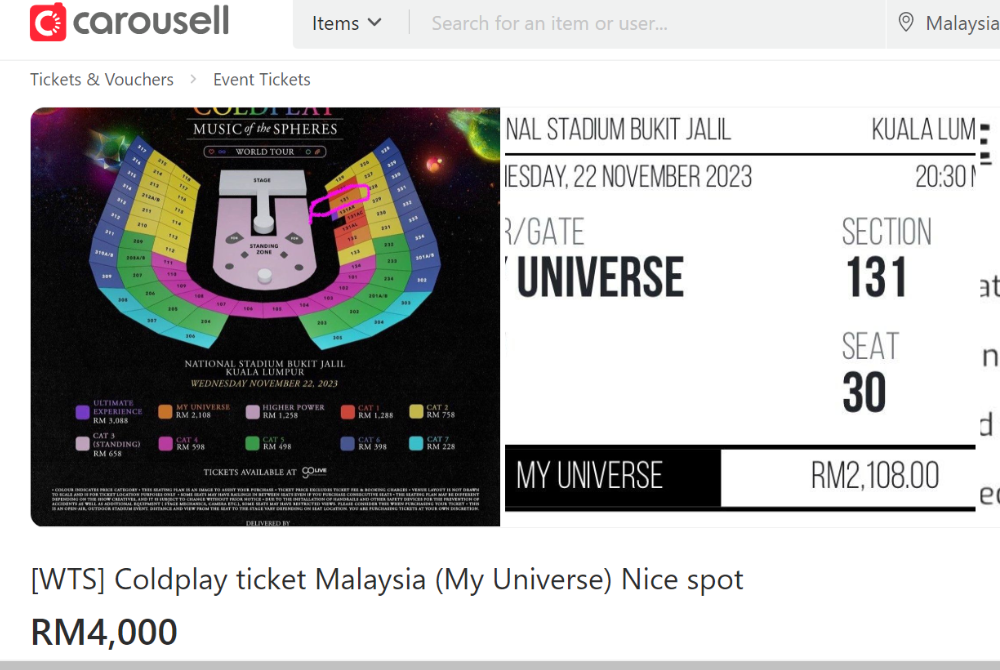 Coldplay tickets sold at Carousell, two times double the price 