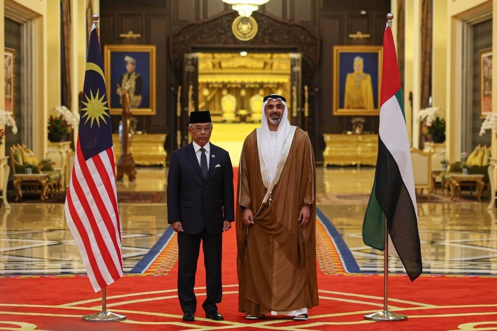 Yang di-Pertuan Agong Al-Sultan Abdullah Ri'ayatuddin Al-Mustafa Billah Shah (left), Sheikh Khaled bin Mohamed bin Zayed Al Nahyan (right) - Bernama Pix