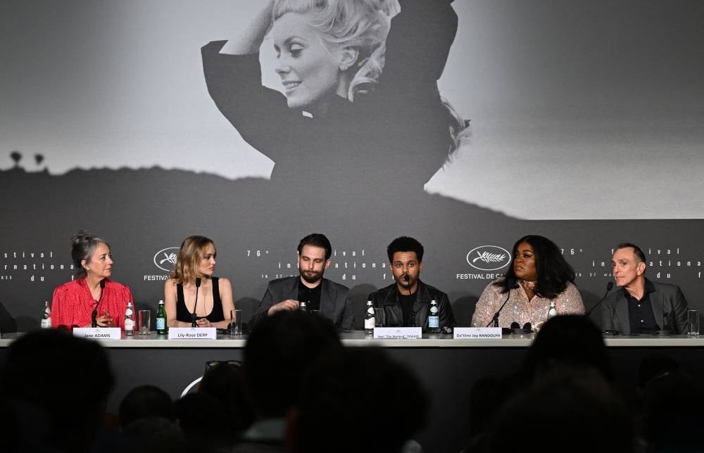(From L) US actress Jane Adams, French-US actress Lily-Rose Depp, US director Sam Levinson, Canadian singer Abel Makkonen Tesfaye aka The Weeknd, US actress Da'Vine Joy Randolph and US actor Hank Azaria attend a press conference for the film "The Idol" during the 76th edition of the Cannes Film Festival in Cannes, southern France, on May 23, 2023. (Photo by Julie SEBADELHA / AFP)