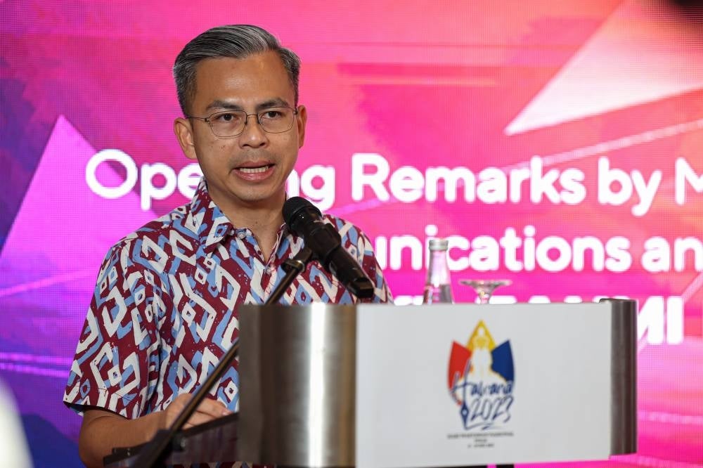 Communications and Digital Minister Fahmi Fadzil delivering a speech at the launching of Hawana 2023 Media Forum, today. - Photo: BERNAMA