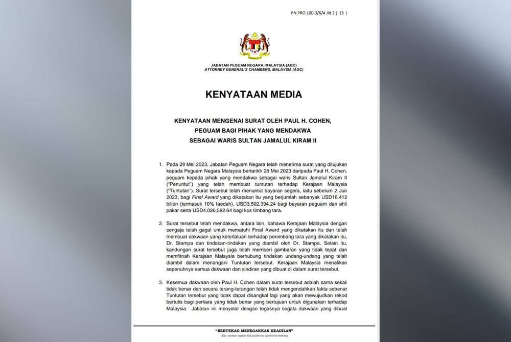 The statement issued by Attorney-General Chambers (AGC) in regards to claim made by the heir of Sultan Sulu. - FILE PIC