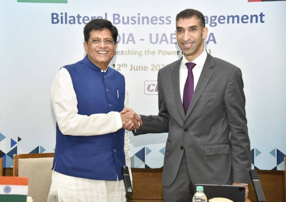 Indian Commerce Minister Piyush Goyal (left) with UAE Minister of State for Foreign Trade Thani Bin Ahmed Al Zeyoudi. Pix from Goyal's twitter page
