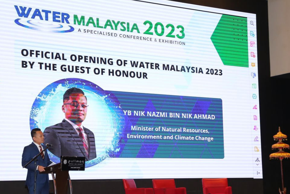Natural Resources, Environment and Climate Change Minister Nik Nazmi Nik Ahmad delivering his opening speech at the Water Malaysia Conference and Exhibition 2023