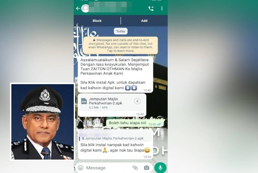 The new tactic used by scammers to deceive the public through a wedding invitation on WhatsApp. (Smaller image, Ramli)