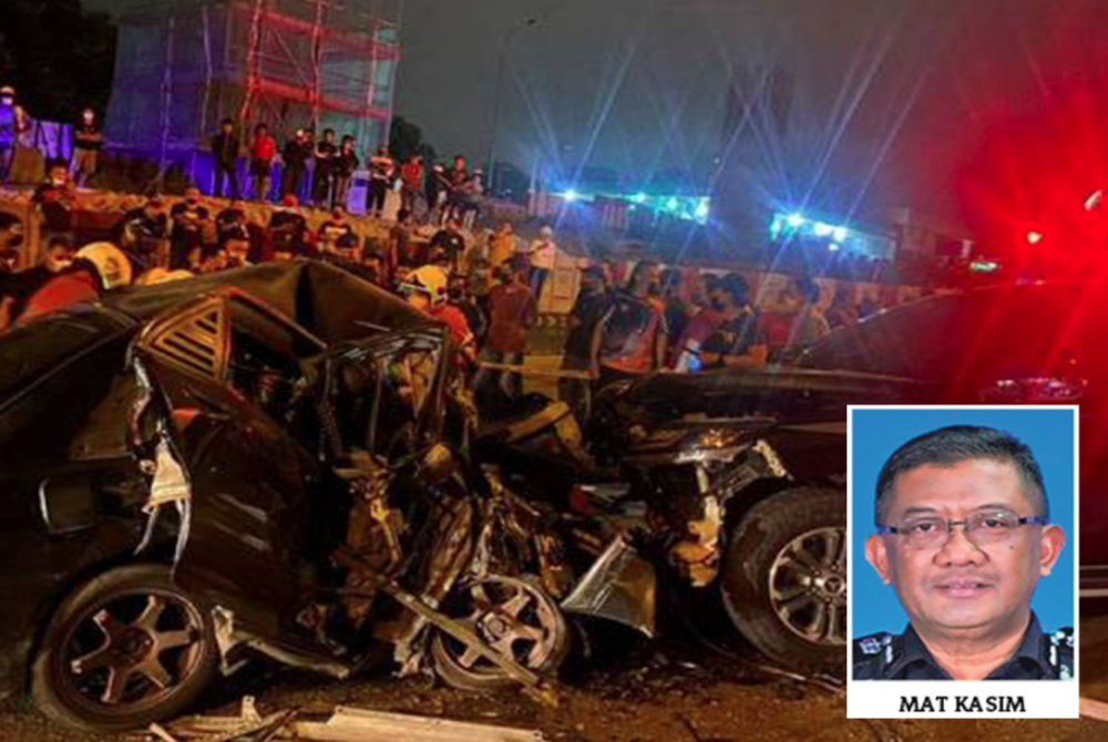 A Proton Wira Aeroback that was crushed by a four-wheel drive which went against traffic at Kilometer 8.6 of the Federal Highway, Kuala Lumpur on Sep 12, 2021. Thumbnail: Bukit Aman Traffic Investigation and Enforcement Department (JSPT) director Datuk Seri Mat Kasim Karim