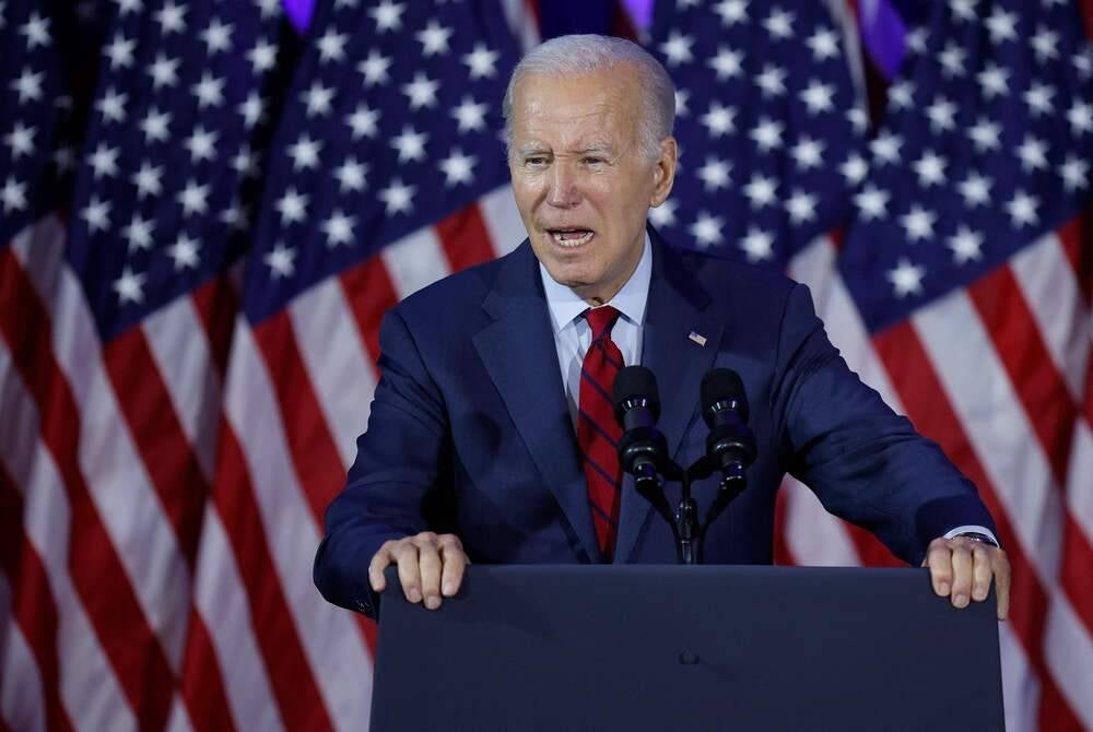WASHINGTON, DC - JUNE 23: U.S. President Joe Biden address a campaign rally on the first anniversary of the Supreme Court's Dobbs v. Jackson decision which struck down a federal right to abortion at the Mayflower Hotel on June 23, 2023 in Washington, DC. Chip Somodevilla/Getty Images/AFP (Photo by CHIP SOMODEVILLA / GETTY IMAGES NORTH AMERICA / Getty Images via AFP)