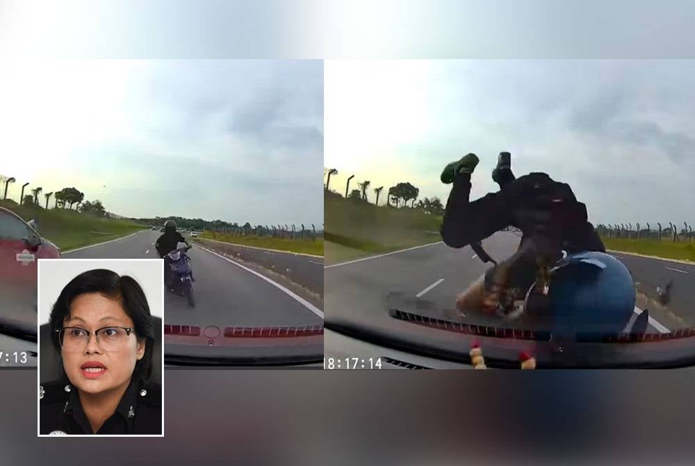 Motorcyclist's bold move results in collision with car while avoiding roadblock (Inset: Shafa'aton)