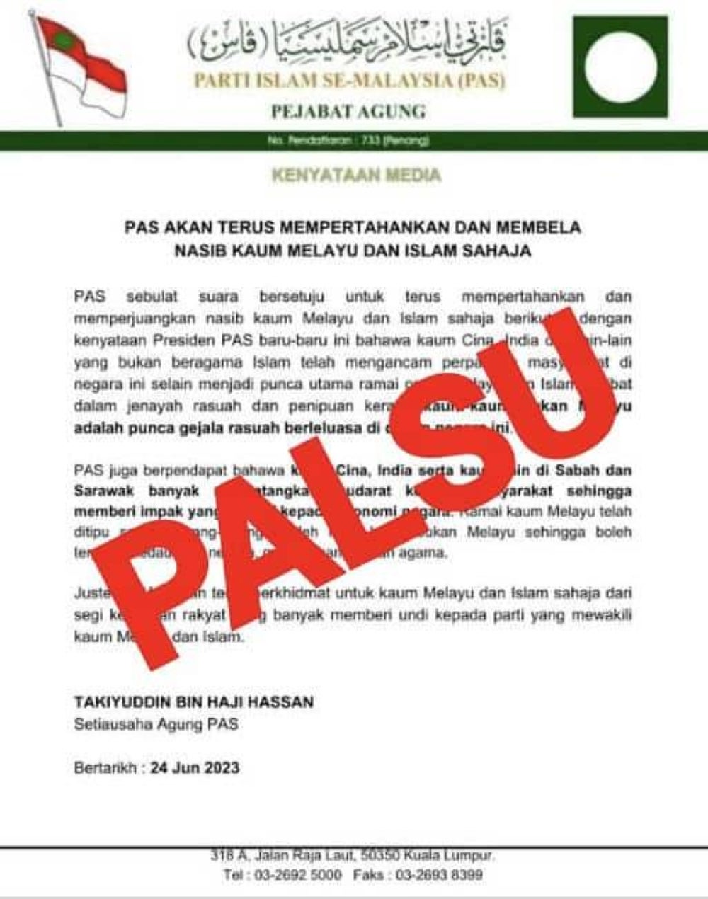 Screenshot of the statement that went viral on social media - Picture taken from Takiyuddin Haji Hassan's Facebook