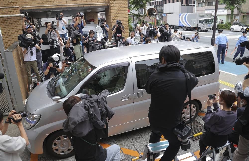 A vehicle believed to carry Japanese Kabuki actor Ennosuke Ichikawa enters the Metropolitan Police Department Meguro Police Station in Tokyo on June 27, 2023. - Photo by AFP