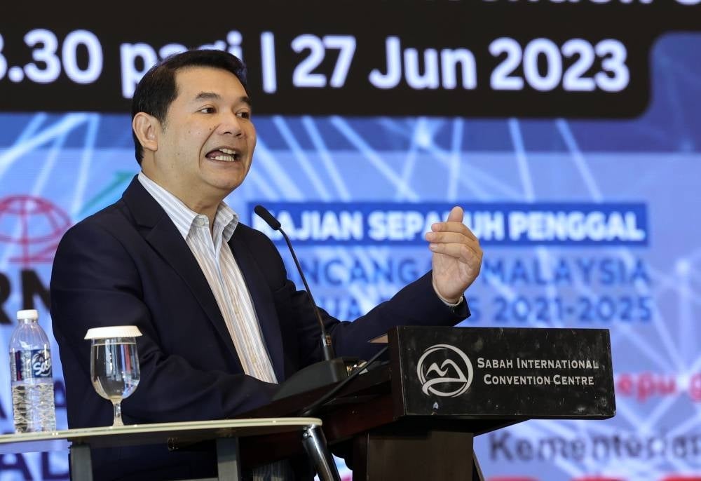 Economy Minister Rafizi Ramli delivering his speech at the 12th Malaysia Plan (12MP) midterm review engagement session, yesterday. - Photo by Bernama