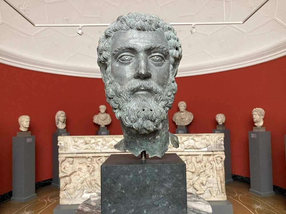 The bronze head of Roman Emperor Septimius Severus (145 AD-211 AD), Asia Minor, ca 195-211, displayed at the Ny Carlsberg Glyptotek museum in Copenhagen - AFP