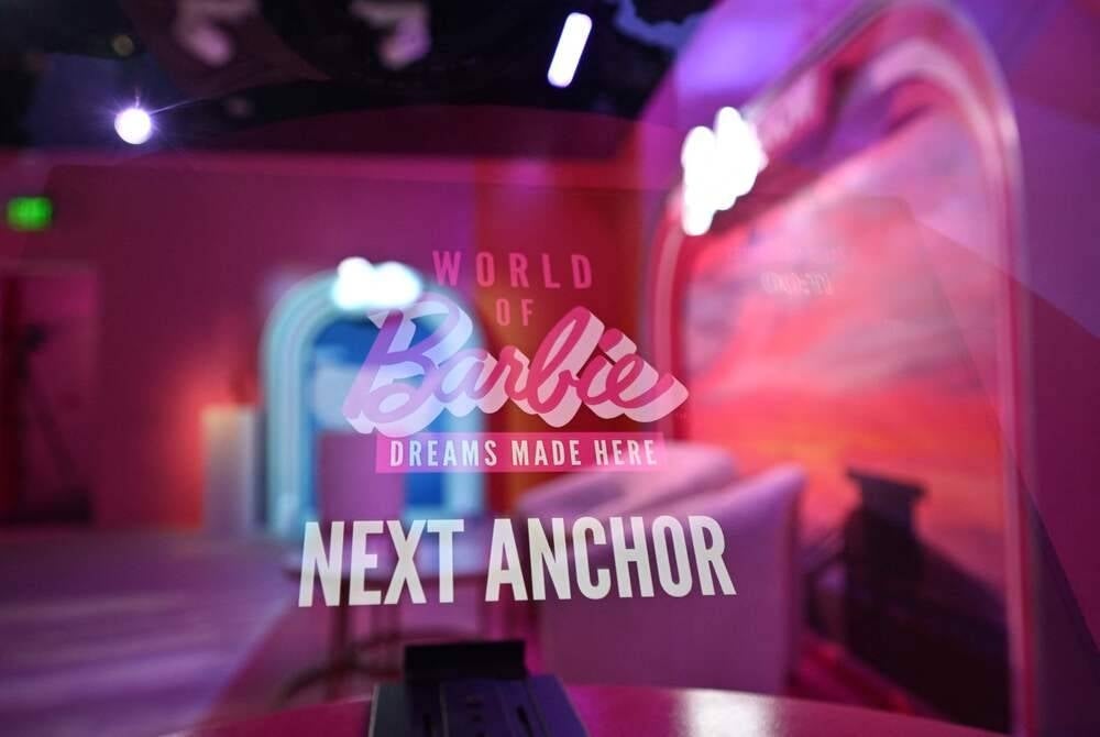 The "You Can Be Anything TV Network" set is seen at the interactive exhibition "The World of Barbie" on June 28, 2023, at Santa Monica Place in Santa Monica, California. (Photo by Robyn Beck / AFP)