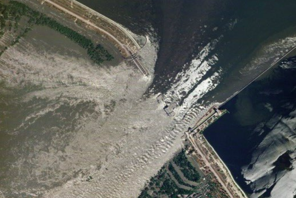Satellite imagery of the destroyed Nova Kakhovka dam. - Facebook