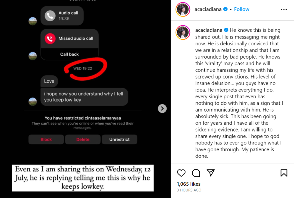 In a series of posts on Instagram, Acacia shared screenshots of the lewd conversations that the stalker has sent her