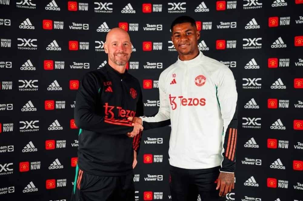 Rashford with Manchester United manager, Erik ten Hag. - FILE PIX by AFP