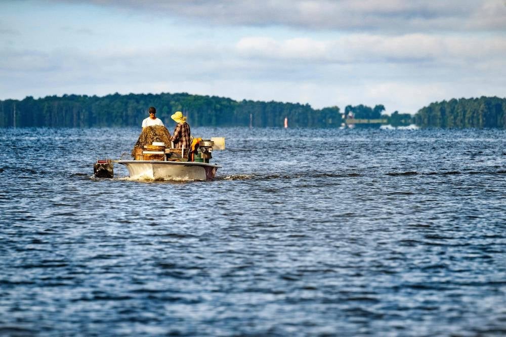 Watermen motor to their crab traps on July 21, 2023, on the Chester River, a tributary of the Chesapeake Bay, near Crosby, Maryland. The Chesapeake Bay Foundation (CBF) released its 2022 State of the Bay report in January 2023, a biennial evaluation grading the Bay and its watershed, reporting the Bay as a D , unchanged from the 2020 score. Efforts to restore the Bay are struggling to reduce agricultural pollution. Urban and suburban polluted runoff is increasing amid inconsistent enforcement by government agencies, new development, and climate change. (Photo by Jim WATSON / AFP)