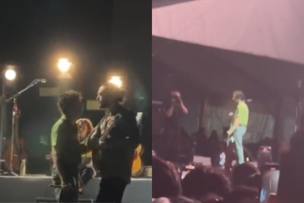 Screen shots from videos of The 1975 band members' action which circulated on social media.