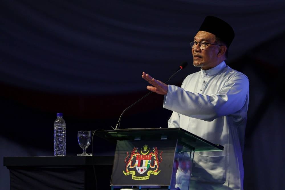 Prime Minister Datuk Seri Anwar Ibrahim at the launching of the Sentuhan Kasih Desa Terengganu at the Ketengah Sports Complex, Bandar Al Muktafi Billah Shah, today. - Photo by Bernama