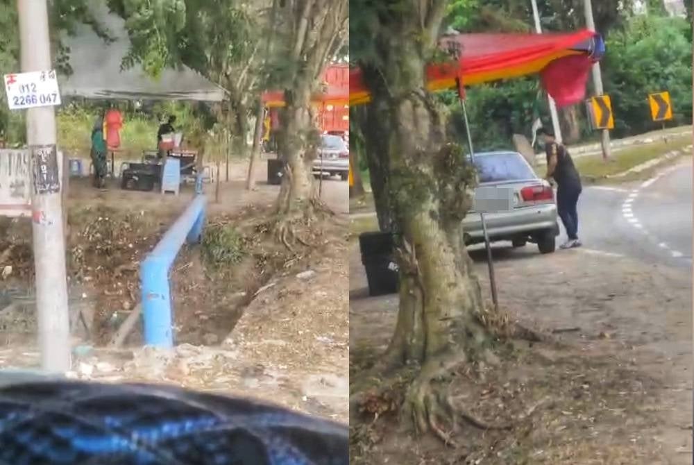 Screenshots of a video showing a durian stall assistant being approached by a man suspected to be the robber before the latter fled the scene in a Proton Wira car.