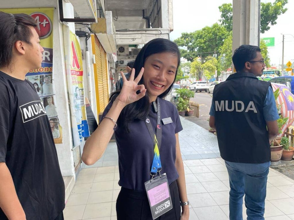 Malaysian United Democratic Alliance (Muda) Pantai Jerejak candidate, Priyankaa Loh during her walkabout at Jalan Tengah, Bayan Lepas.