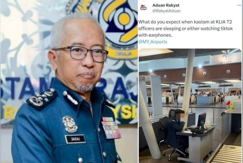 Zazuli and a screenshot of the tweet that had gone viral, showing a customs officer sleeping while on duty in KLIA, Sepang.