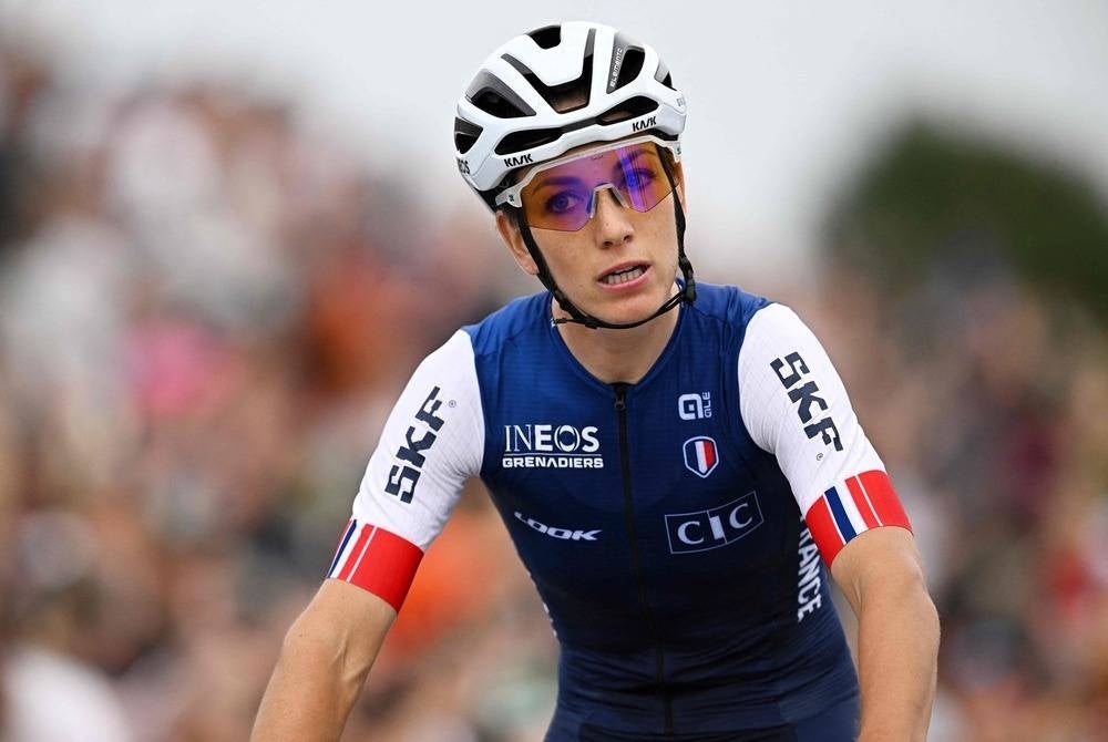 Pauline Ferrand Prevot takes part in the women's elite mountain bike cross-country short track race at the Cycling World Championships in Glentress Forest, Scotland on Aug 10, 2023. (Photo by Oli SCARFF / AFP)