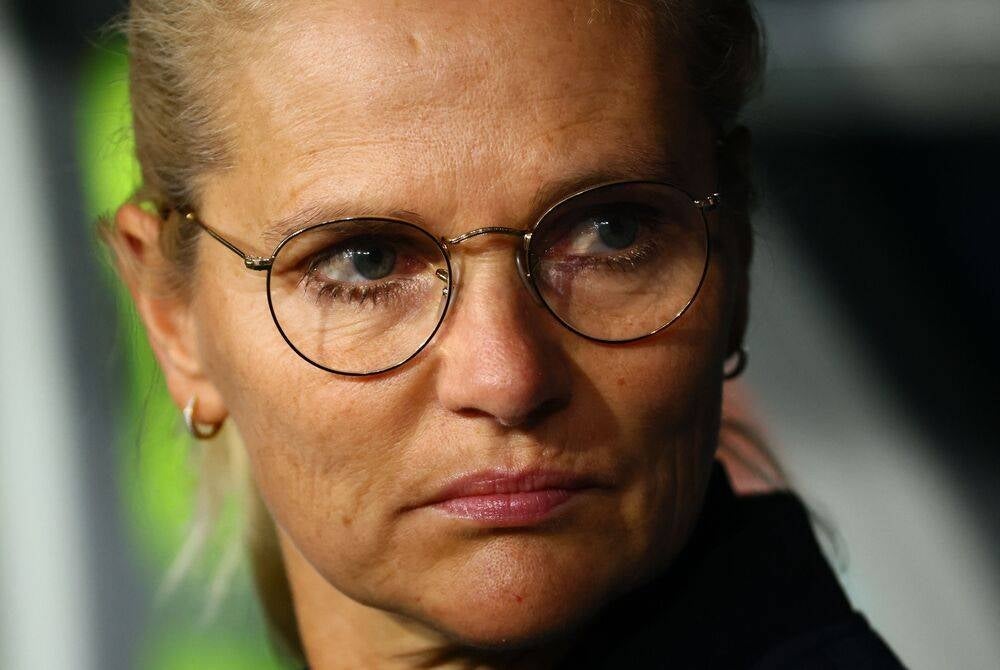 England's coach Sarina Wiegman-Glotzbach looks on during the Australia and New Zealand 2023 Women's World Cup round of 16 football match between England and Nigeria at Brisbane Stadium in Brisbane on Aug 7, 2023. (Photo by Patrick Hamilton / AFP)
