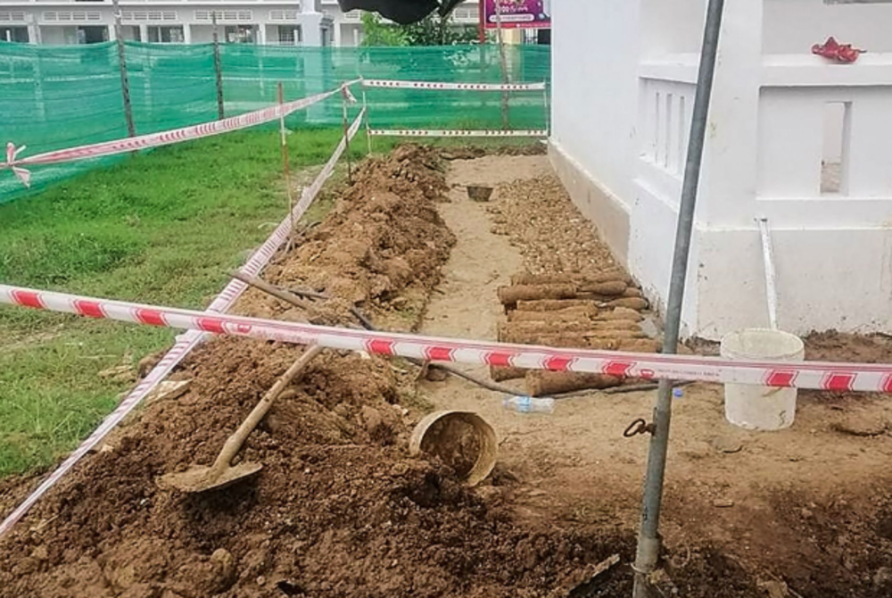 This handout photo taken and released by the Cambodian Mine Action Centre (CMAC) on Aug 13, 2023 shows thousands of unexploded ordnance left over from Cambodia's civil war, after they were unearthed inside a school in Cambodia's Kratie province. (Photo by Handout / Cambodian Mine Action Centre (CMAC) / AFP)