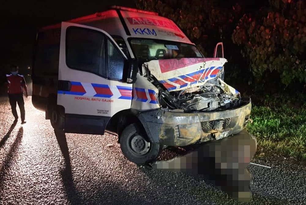 The ambulance crushed following an accident with a buffalo in Batu Gajah on Wednesday. - Photo courtesy of readers