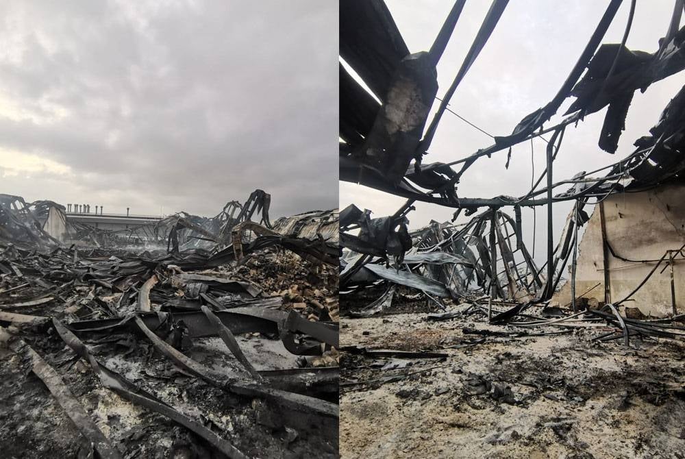 The condition of six mattress manufacturing factories in Kampung Baru Sungai Buloh destroyed in the fire.